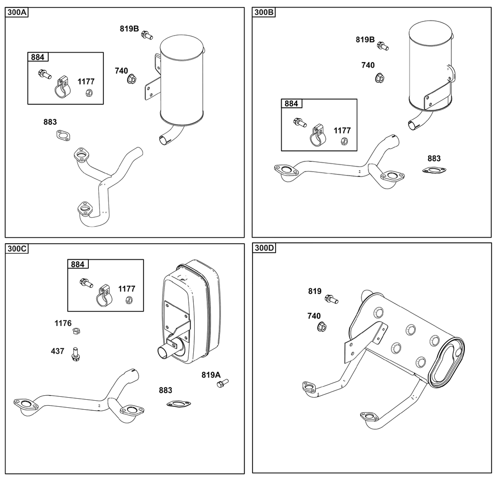 Exhaust/Muffler Configurations Diagram and Parts List for 40,44&49  Briggs and Stratton Engine